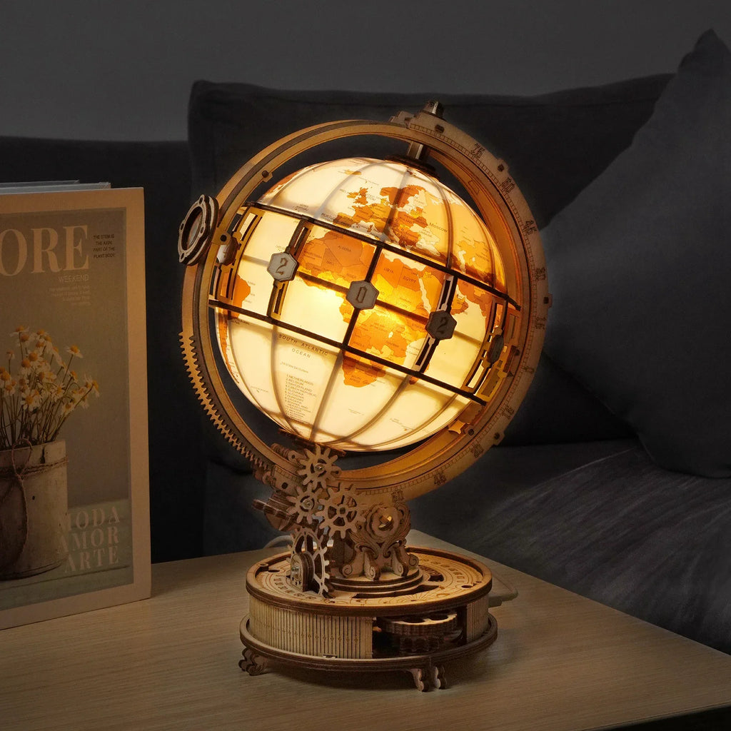 DIY wooden globe 3D puzzle assembly model toy creative ornament toy with lighting suitable as a birthday gift for children/adult
